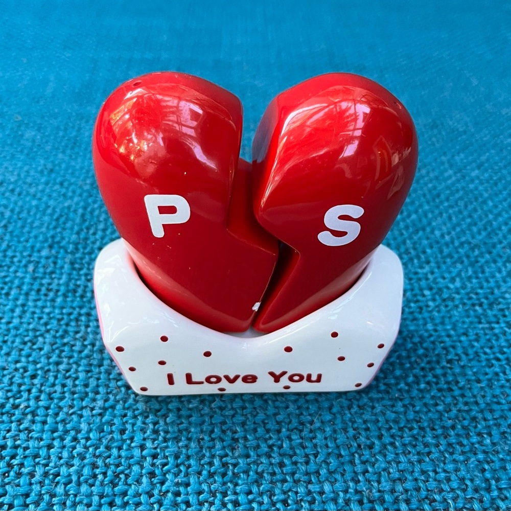 Russ Berrie “P.S. I Love You” Heart Salt and Pepper Shakers